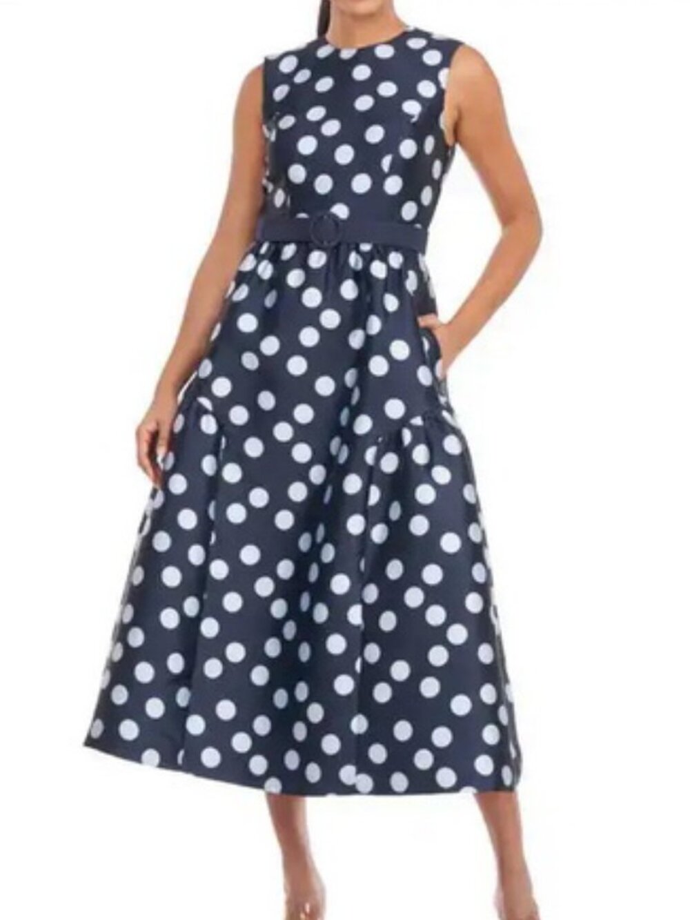 Kay Unger Navy Blue Tinslee Polka Dot Fit & Flare Midi Dress